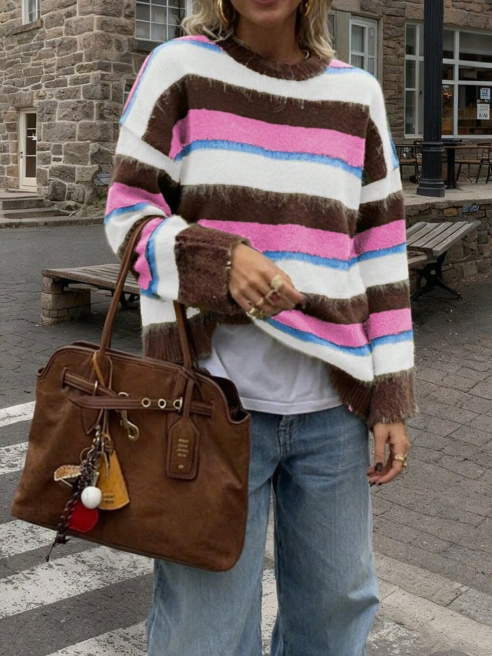 Pink Casual Women's Lazy Round Neck Striped Long Sleeve Sweater - Picture 5 of 7